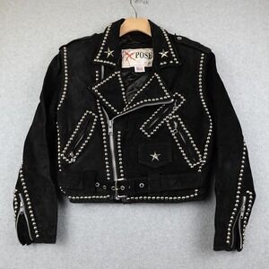 Vtg XPOSE Leather Jacket Womens M Studded Eagle Motorcycle Thrashed Punk 80's